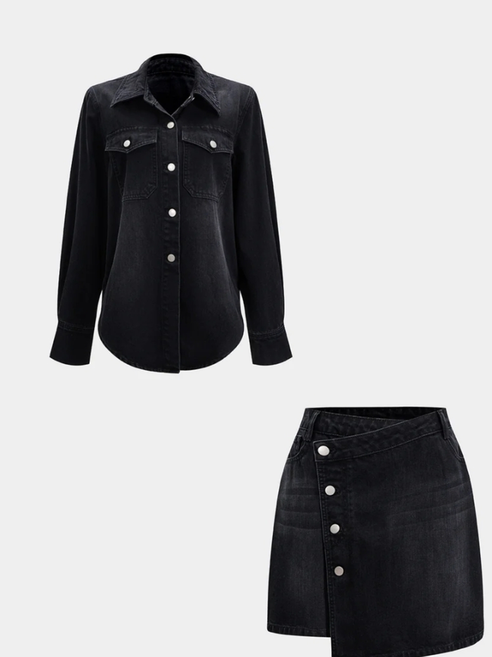 Black Denim Skirt Set – Button-Front Shirt & Asymmetric Mini Skirt